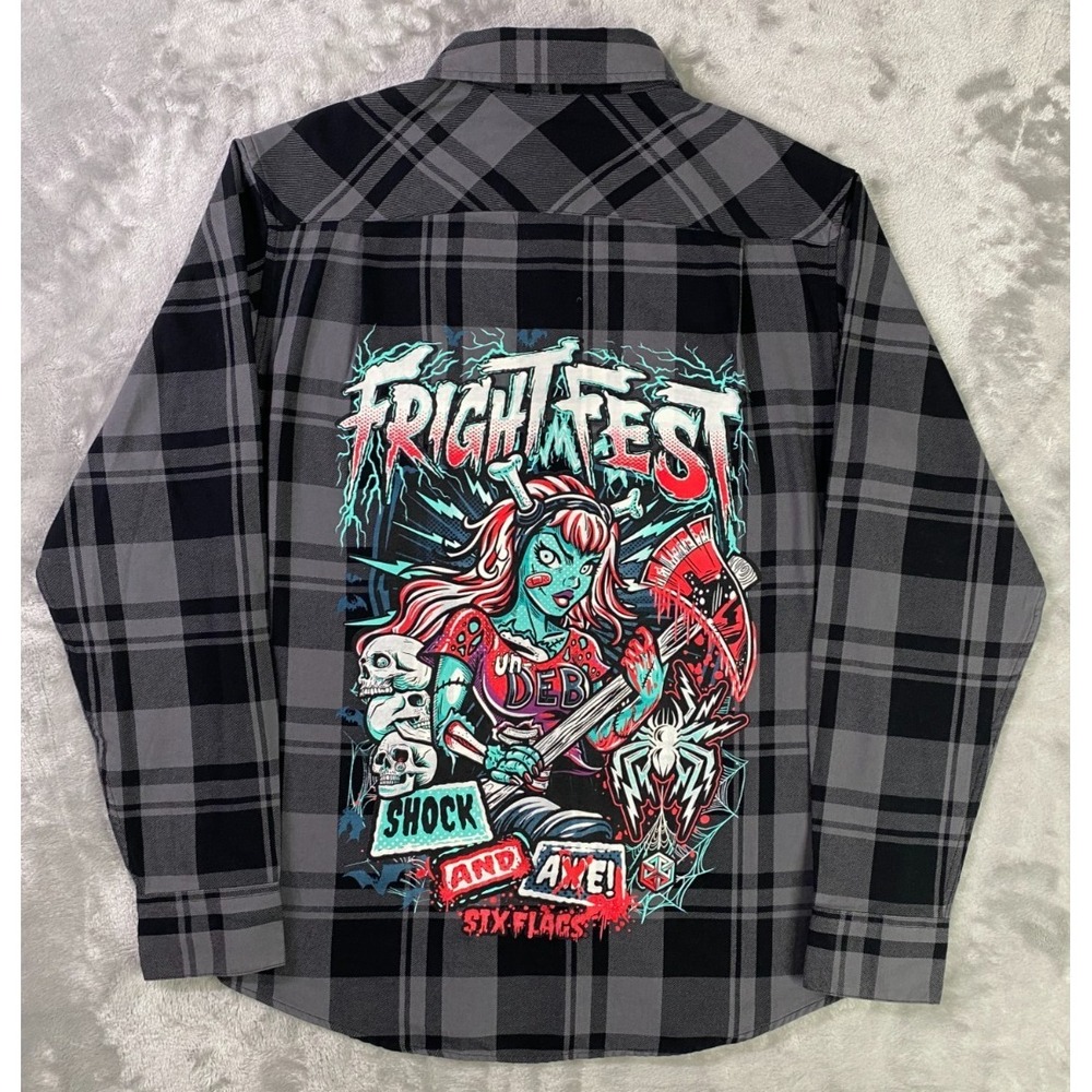 Six Flags Fright Fest Flannel Men Small Grey Black Shock and Axe Zombie Graphic